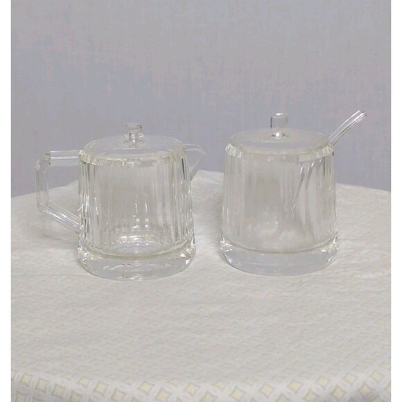 VTG Retro Faceted Clear Lucite Creamer Sugar Bowl Spoon Coffee Set 70s MCM EUC - Picture 1 of 9